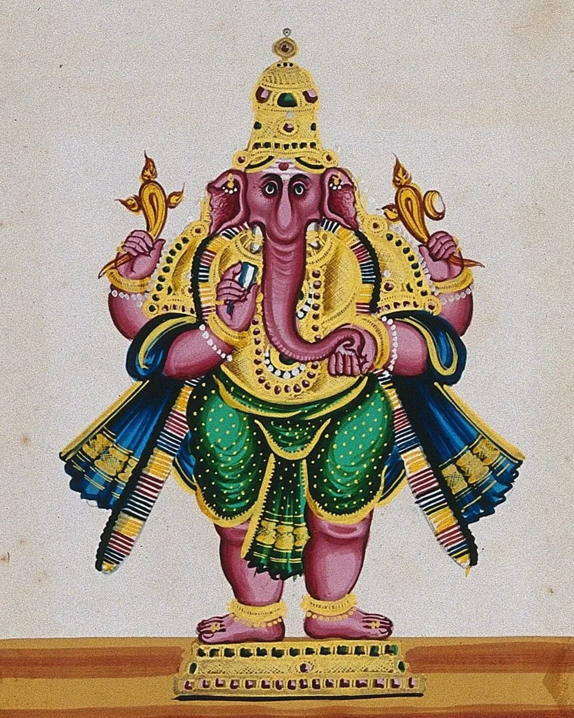 Colorful illustration of Lord Ganesha, the Hindu elephant-headed god, adorned with gold jewelry and green clothing, standing on a decorated platform.