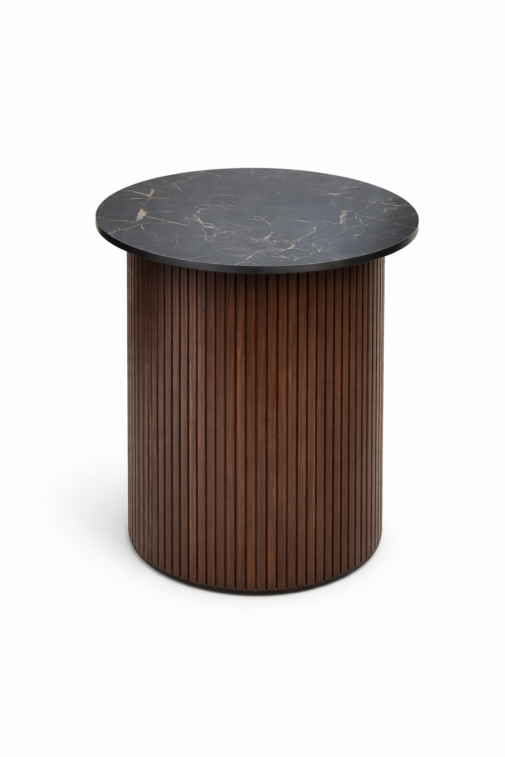 Tall Drum occasional table with natural stone tabletop and wood base.