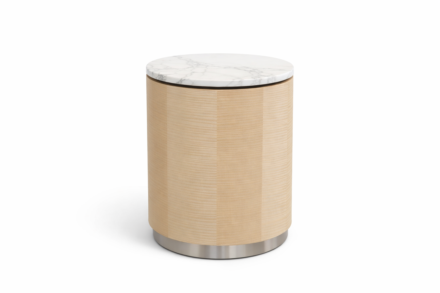 Single Drum occasional table with natural stone tabletop and veneer base with polished aluminum bottom kick plate.