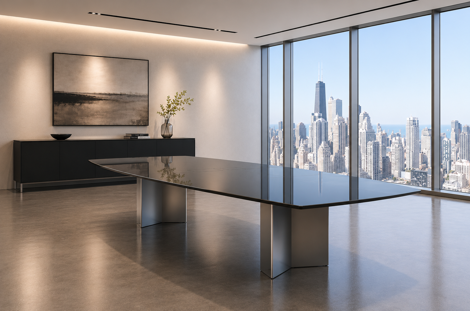 Modern office interior with a large black conference table, black sideboard with decorative objects, and a city skyline view through floor-to-ceiling windows.