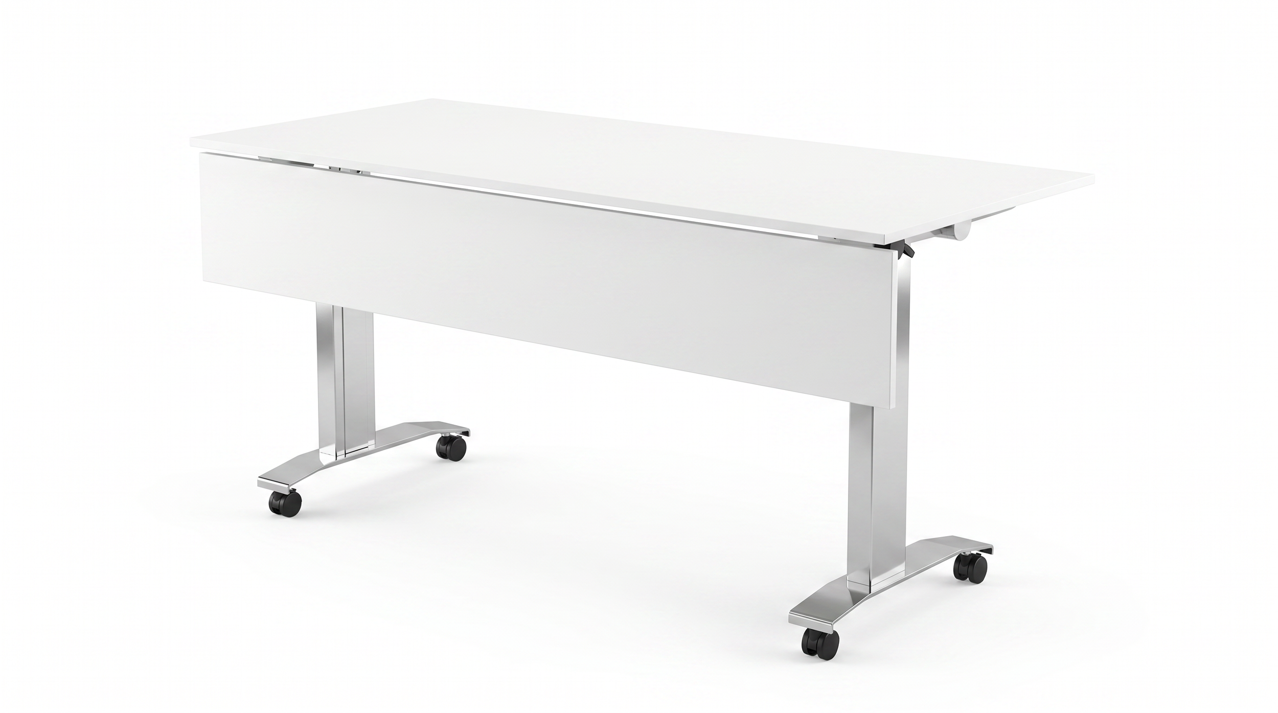Asteri training room table with white tabletop and polished aluminum base.