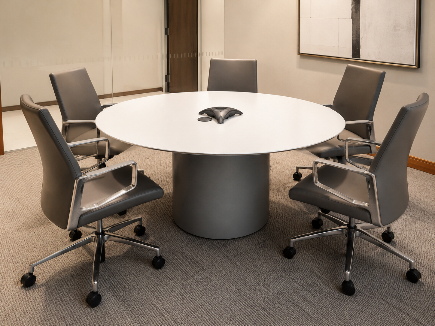 Drum meeting room table with a white round table top and a grey Drum base.