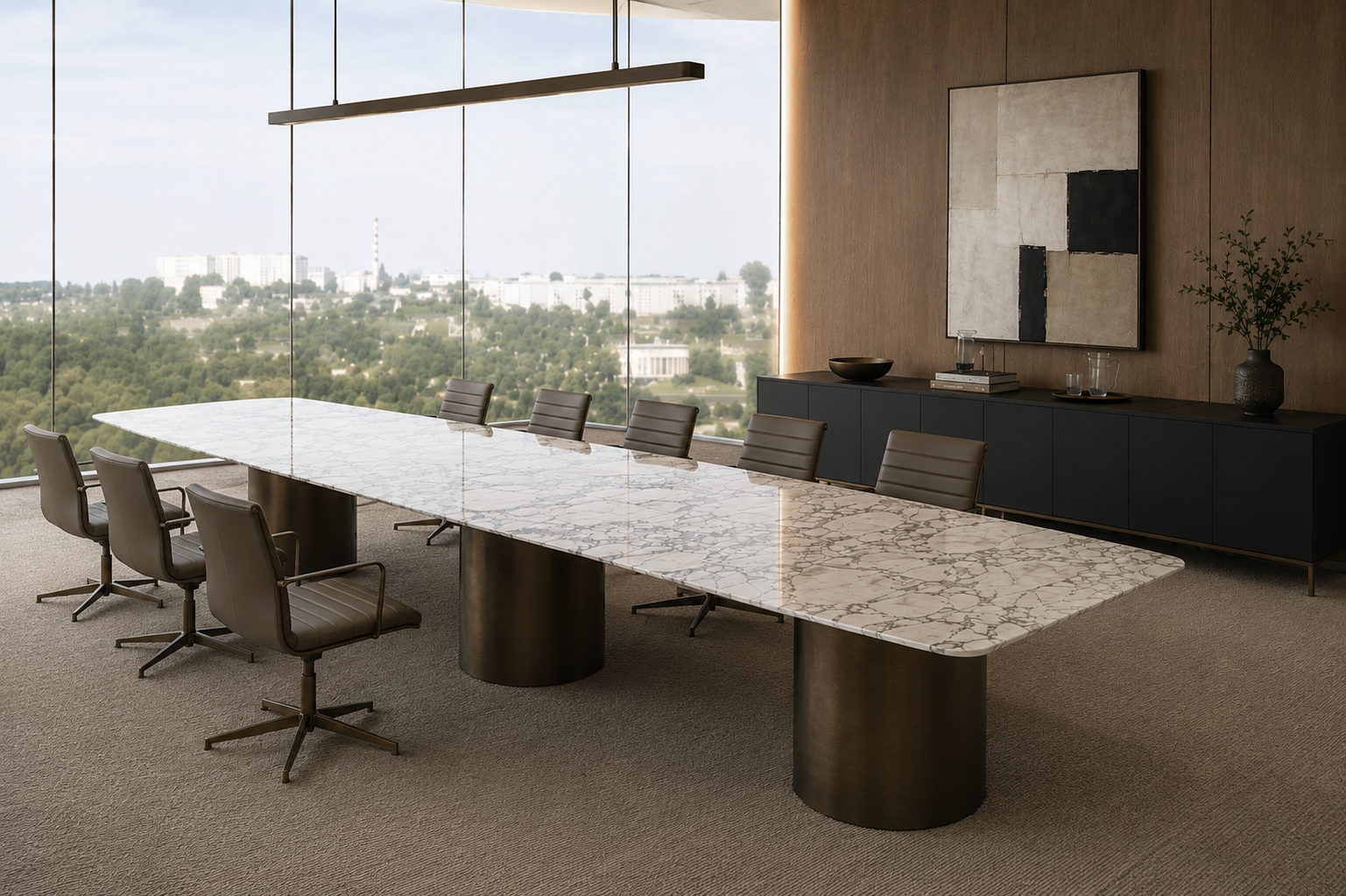 Long Drum conference table with natural stone table top and three Drum bases in veneer.