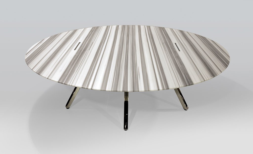 Natural stone marble round tabletop 2Merge collaborative and cafe table with chrome base.