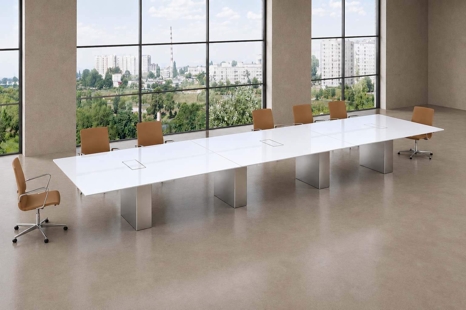 Cube conference room table with painted back glass white tabletop and polished aluminum bases.