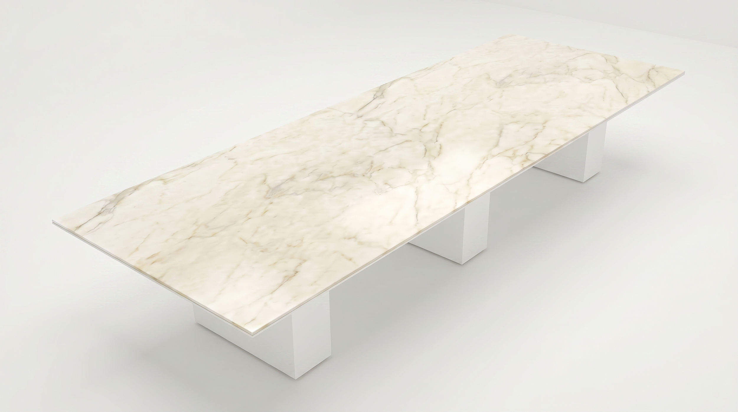 Cube conference room table with natural stone  tabletop and white bases.