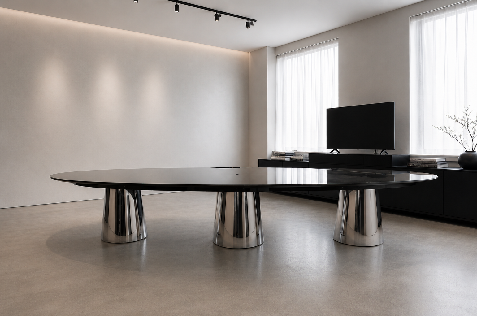 Modern minimalist living room with a sleek black oval table with chrome base, a black TV stand with a flat-screen TV, books, and a black vase with branches. Large windows with sheer curtains let in natural light.