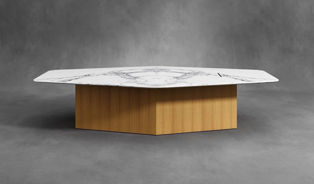 Paros conference room table with natural wood tabletop and wood veneer base.