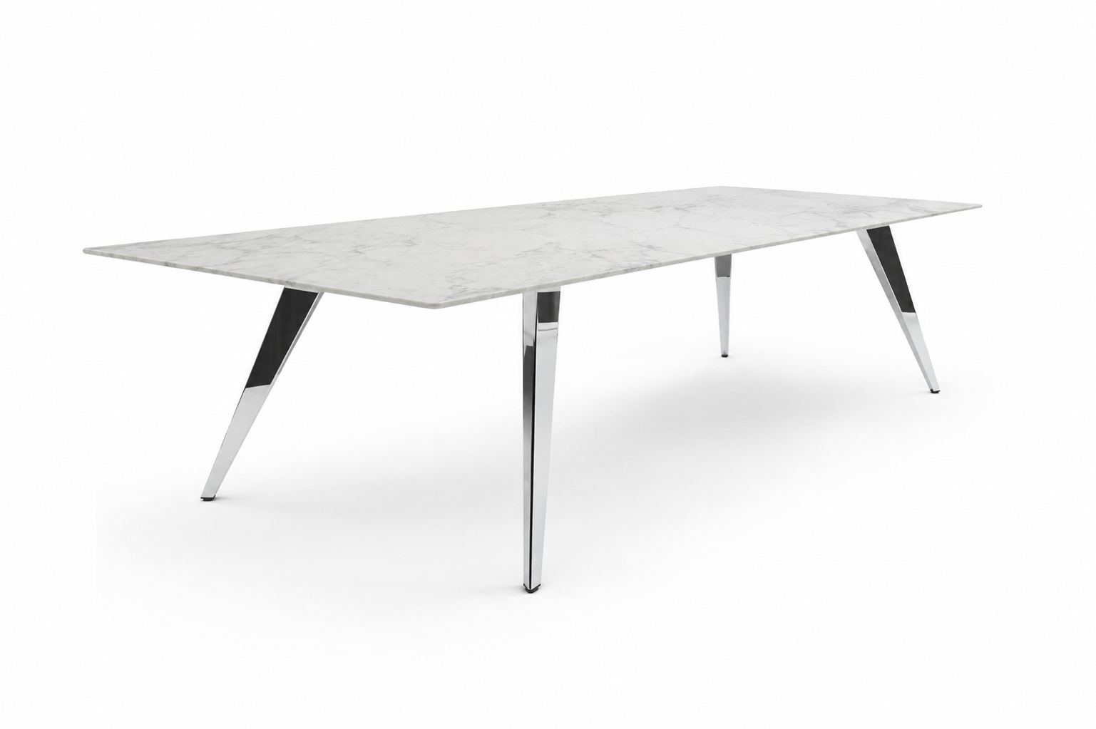 Flatiron conference room table with natural stone tabletop and chrome base.