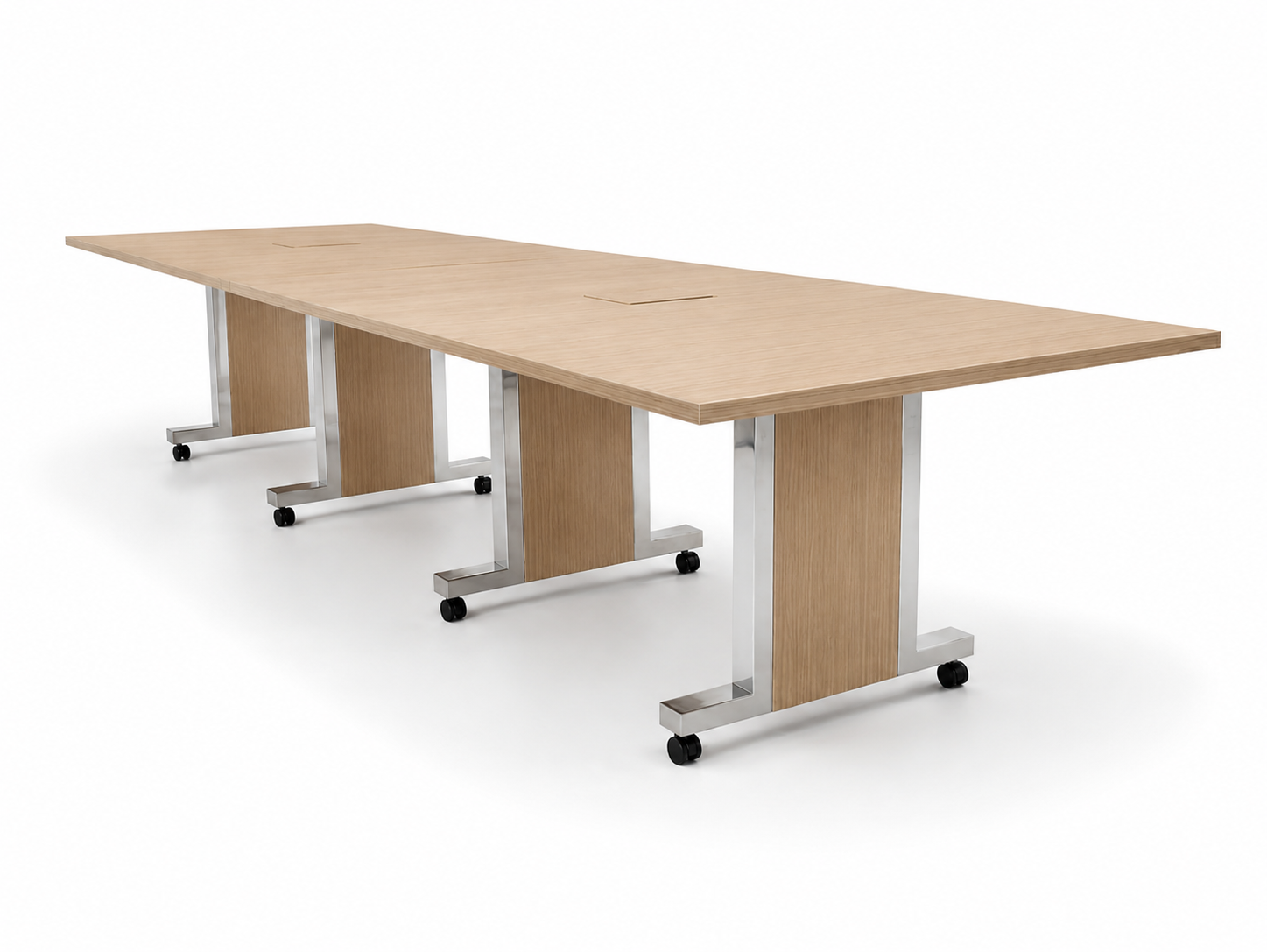 Porta mobile conference room table with wood veneer tabletop and veneer base will polished aluminum accents.