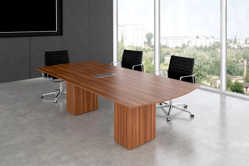 Rectangle Cube conference room table with wood veneer tabletop and matching wood veneer bases.