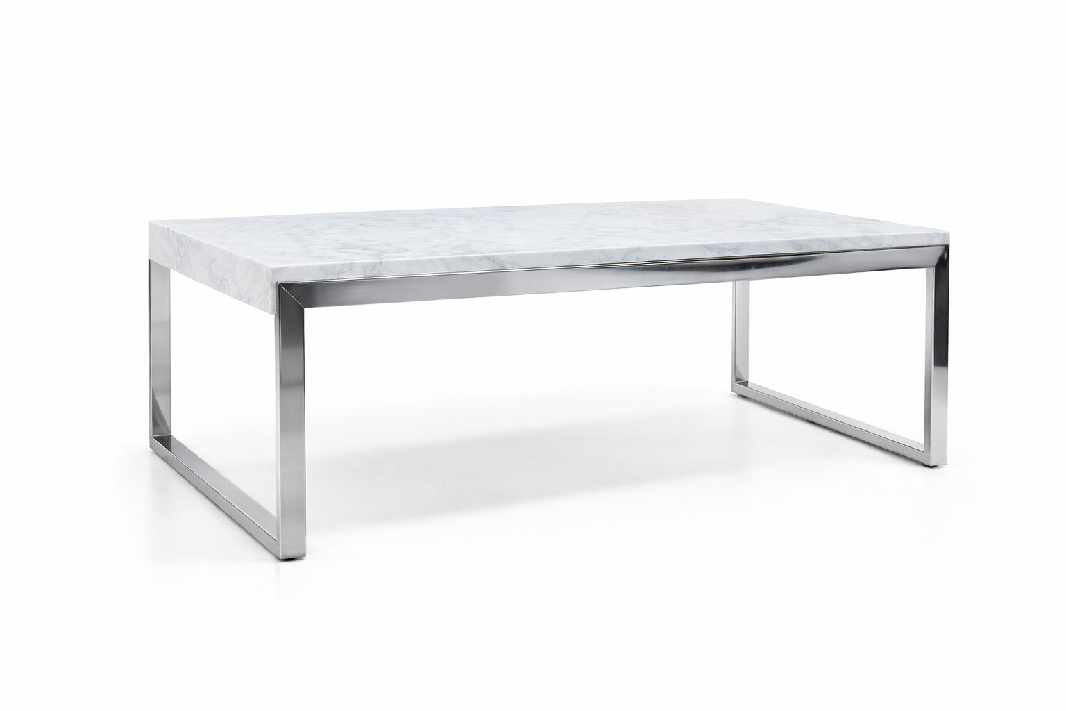 Parsons rectangle occasional table with stone table top and chrome base.