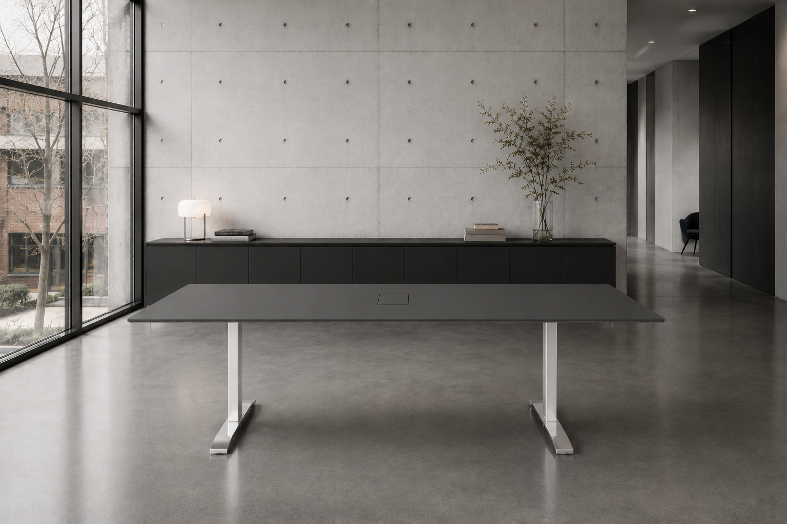 Nextt conference room table with grey tabletop and brushed aluminum base.
