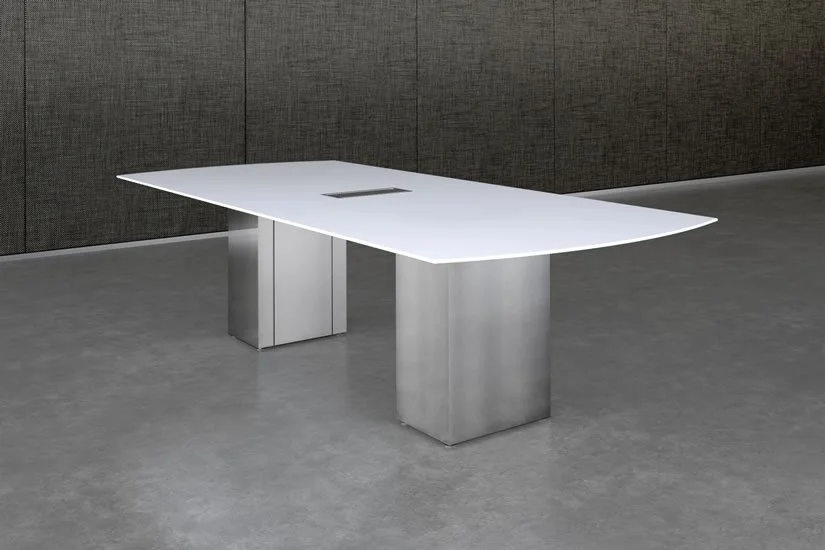 Cube conference room table with painted back glass white tabletop and polished aluminum bases
