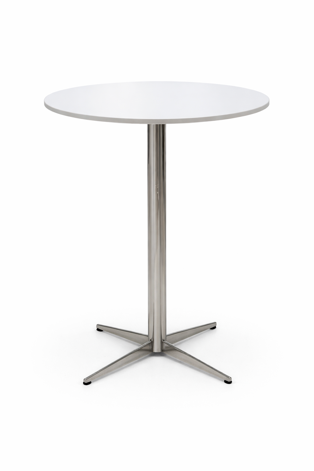 Asteri car height cafe table with white tabletop and chrome base.