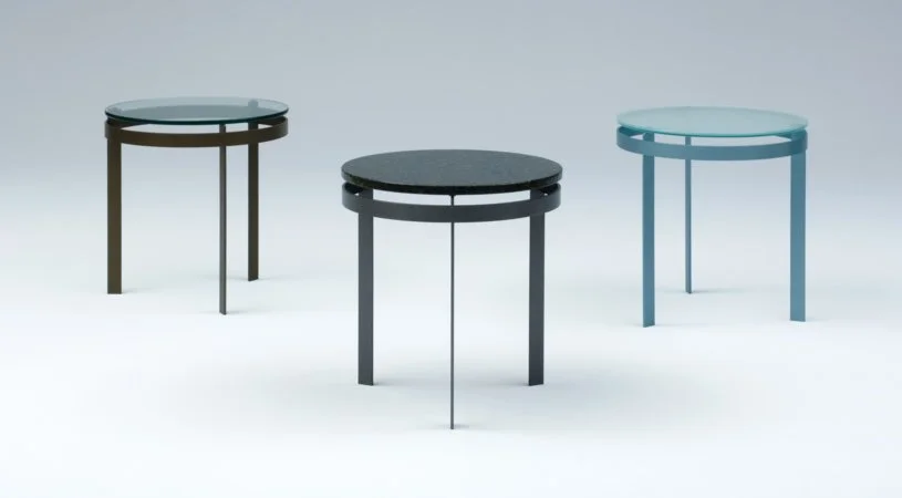 Ronde glass and painted back glass tabletop occasional table.