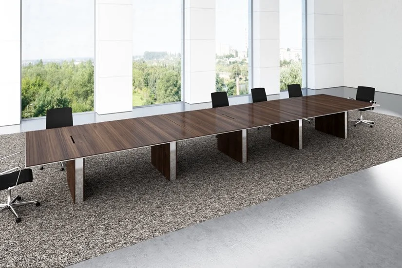 Very long Panel conference room table with wood veneer tabletop and polished aluminum and wood veneer inset base.