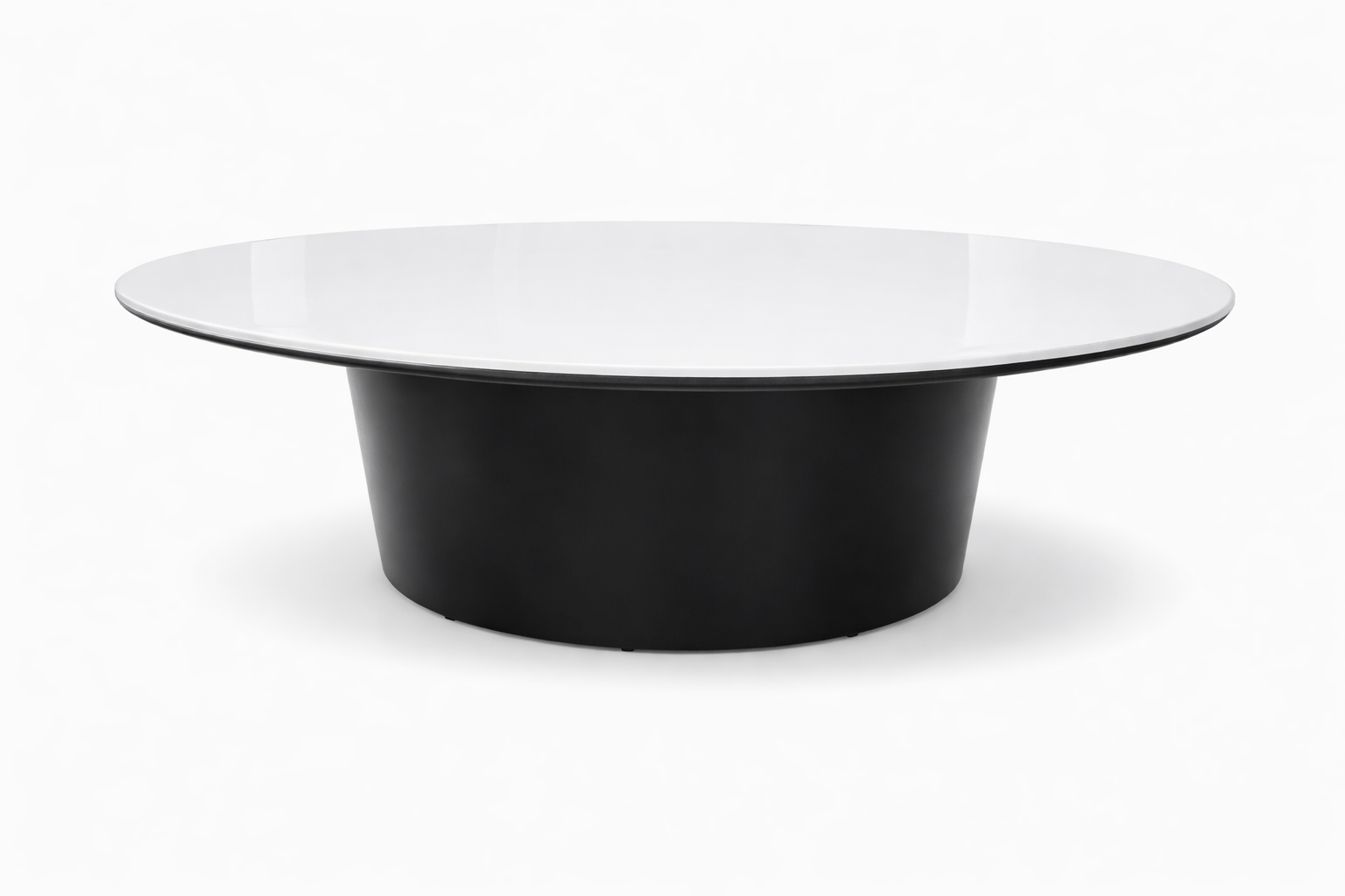 Orbit Drum Base meeting table with natural stone tabletop and black base.