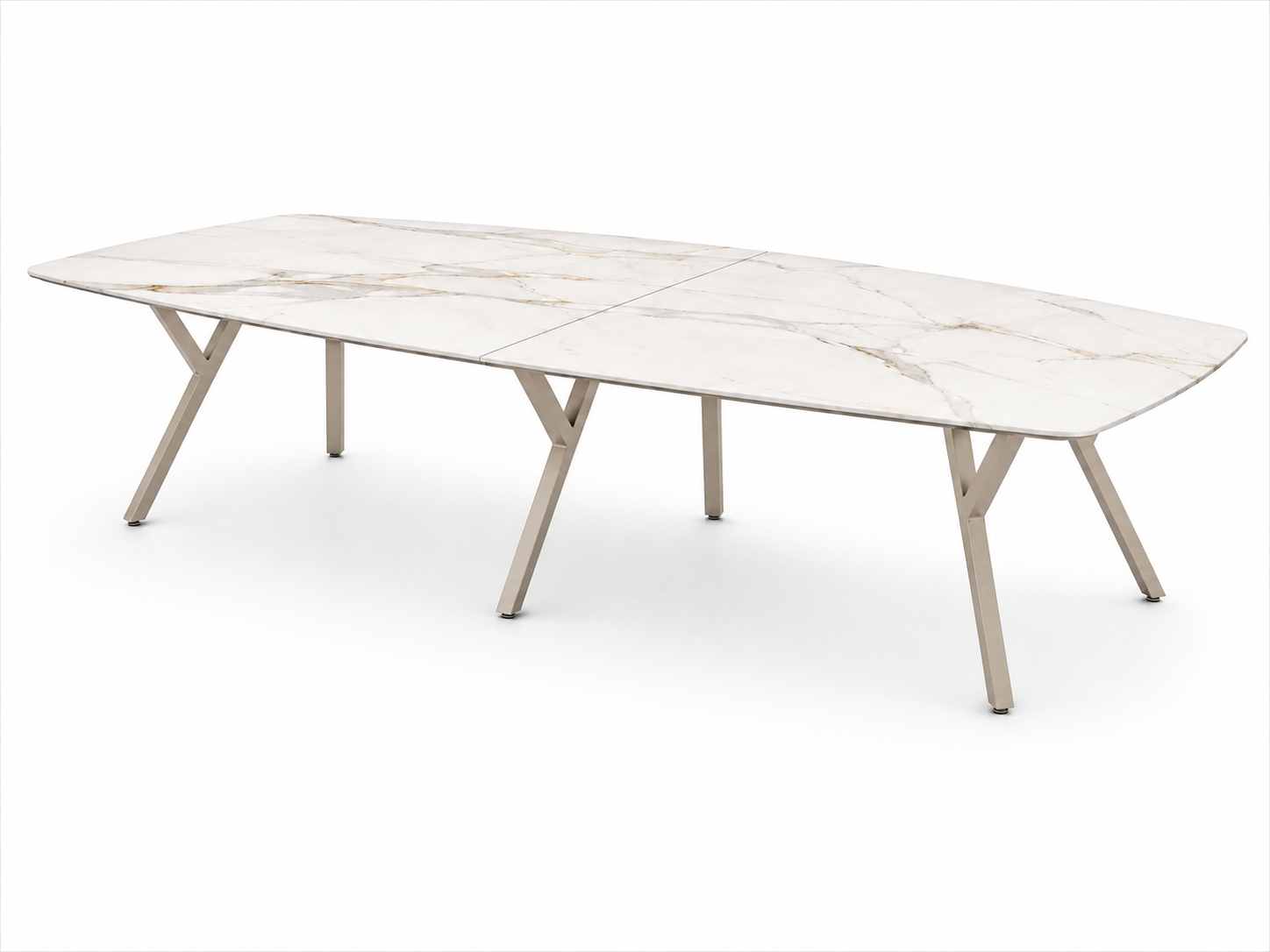 2Merge conference room table with natural stone tabletop and gold base.