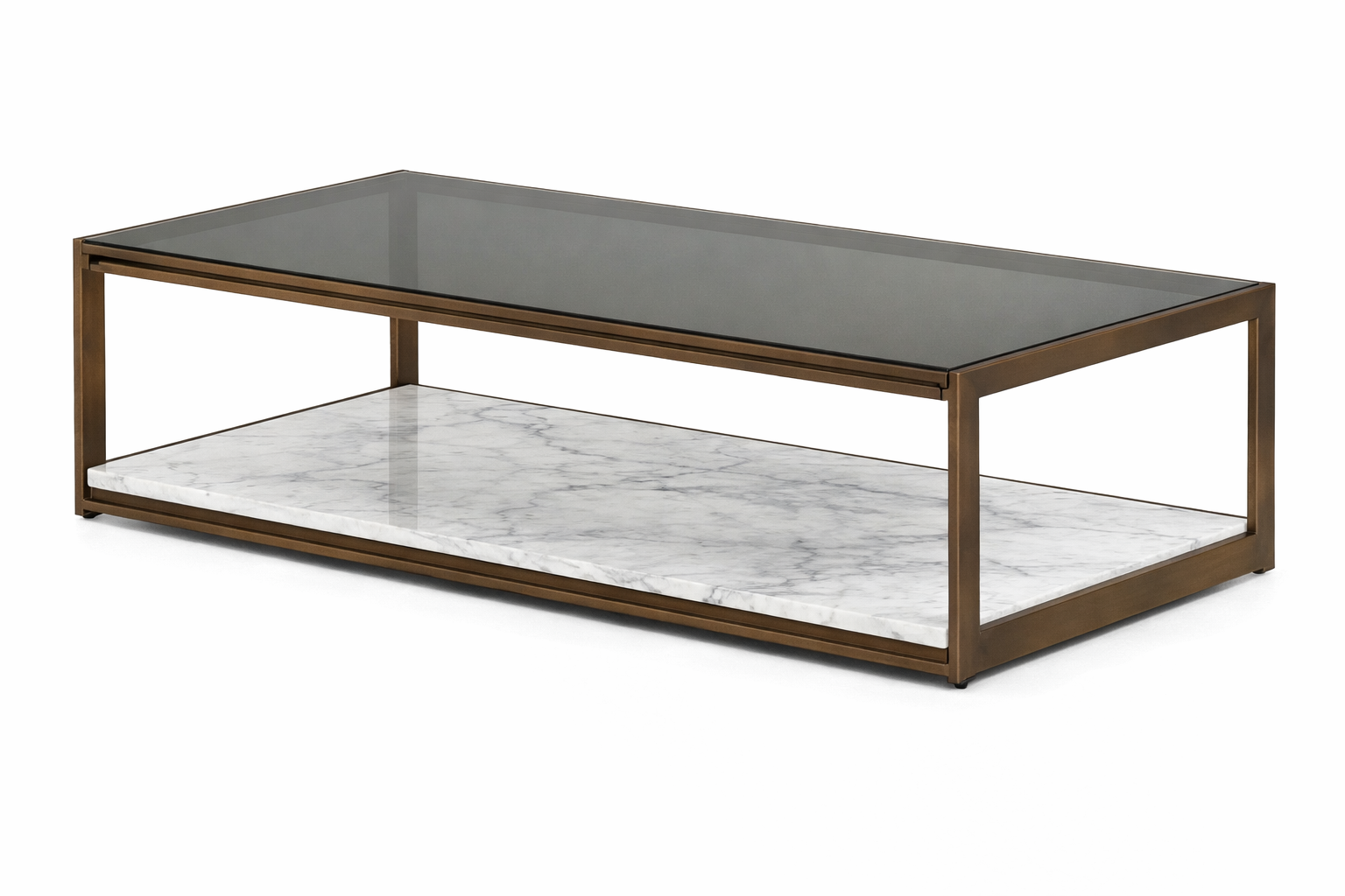 Parsons rectangle occasional table with tinted glass top and stone bottom shelf base.