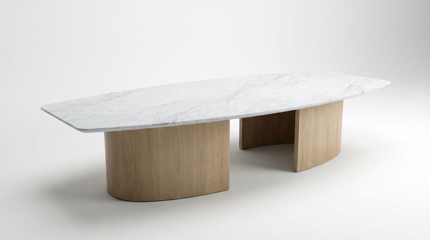 Crescent conference room table with natural stone tabletop and wood veneer base.