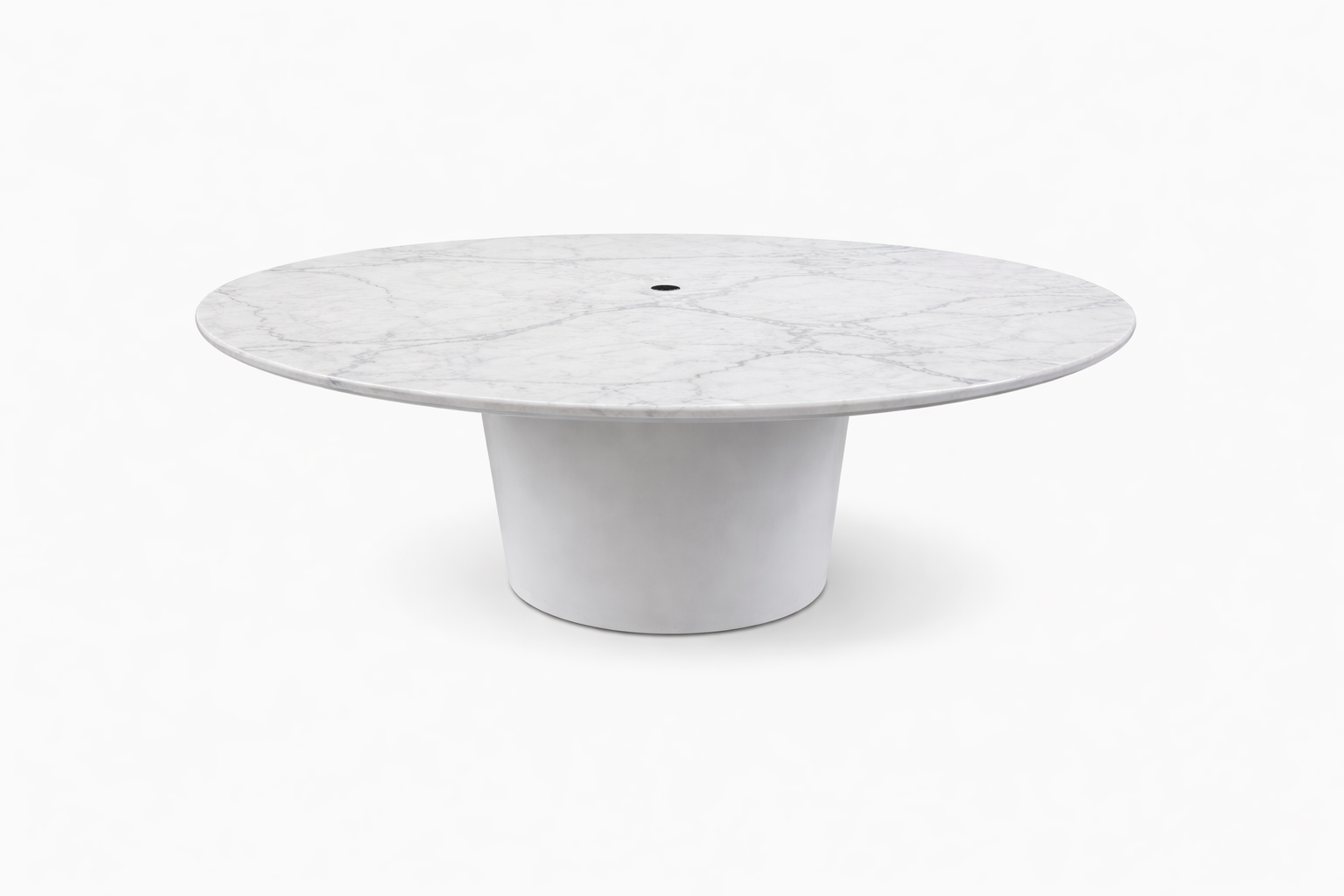 Orbit Drum Base meeting table with natural stone tabletop and base.