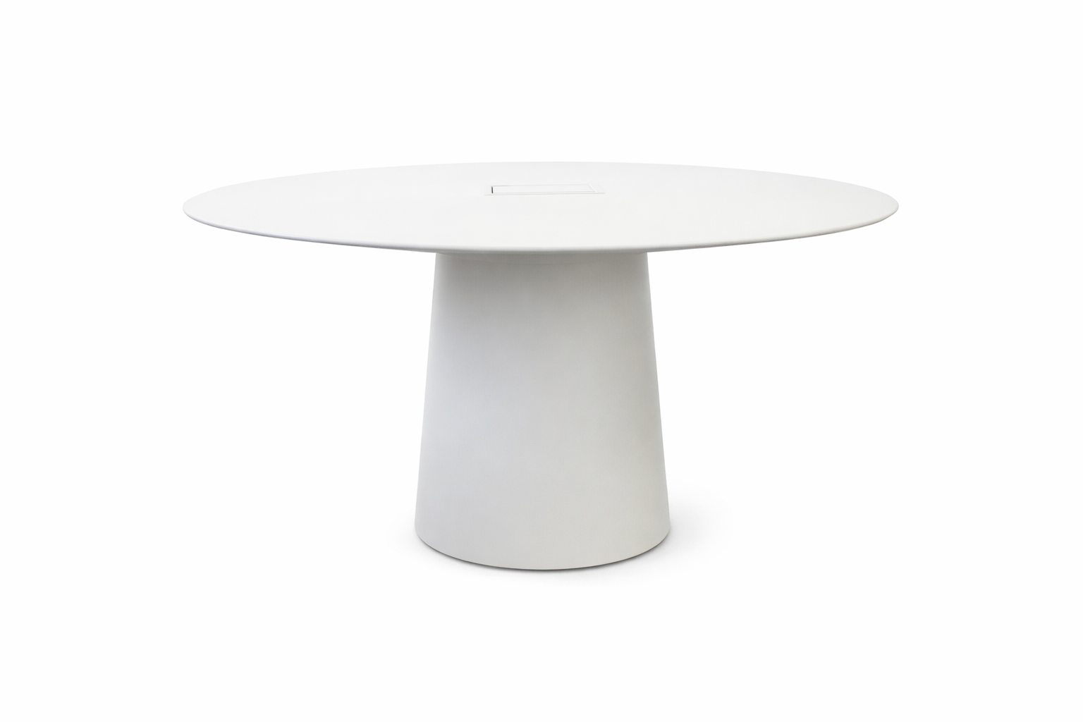 White modern round table with a conical base on a white background.