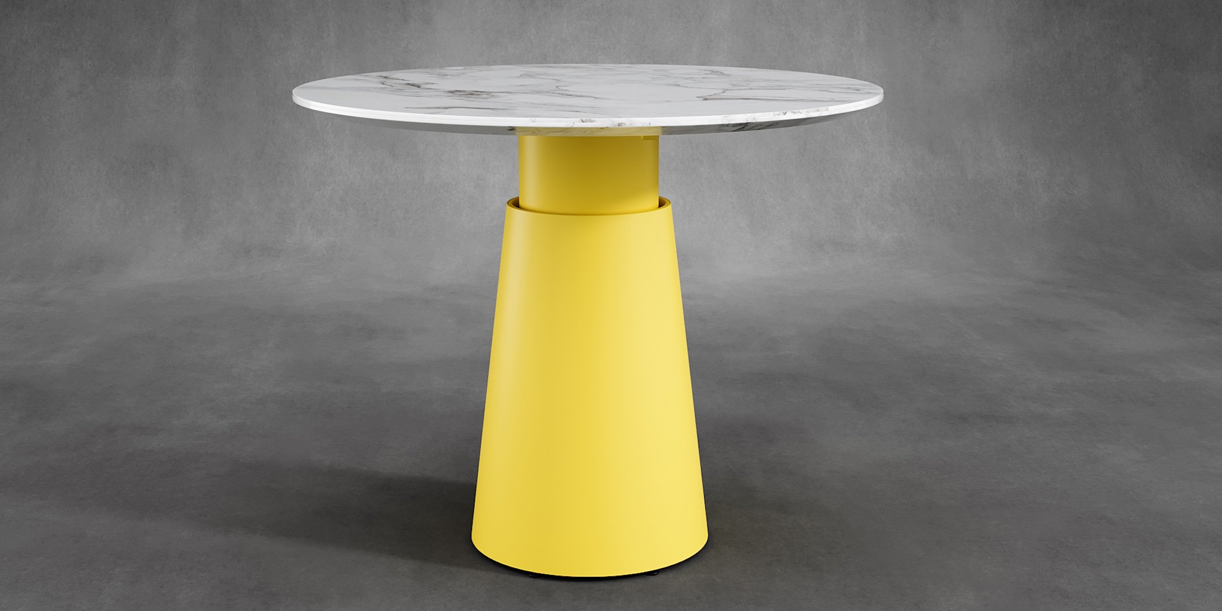 Sprire collaborative table with natural stone tabletop and yellow base.