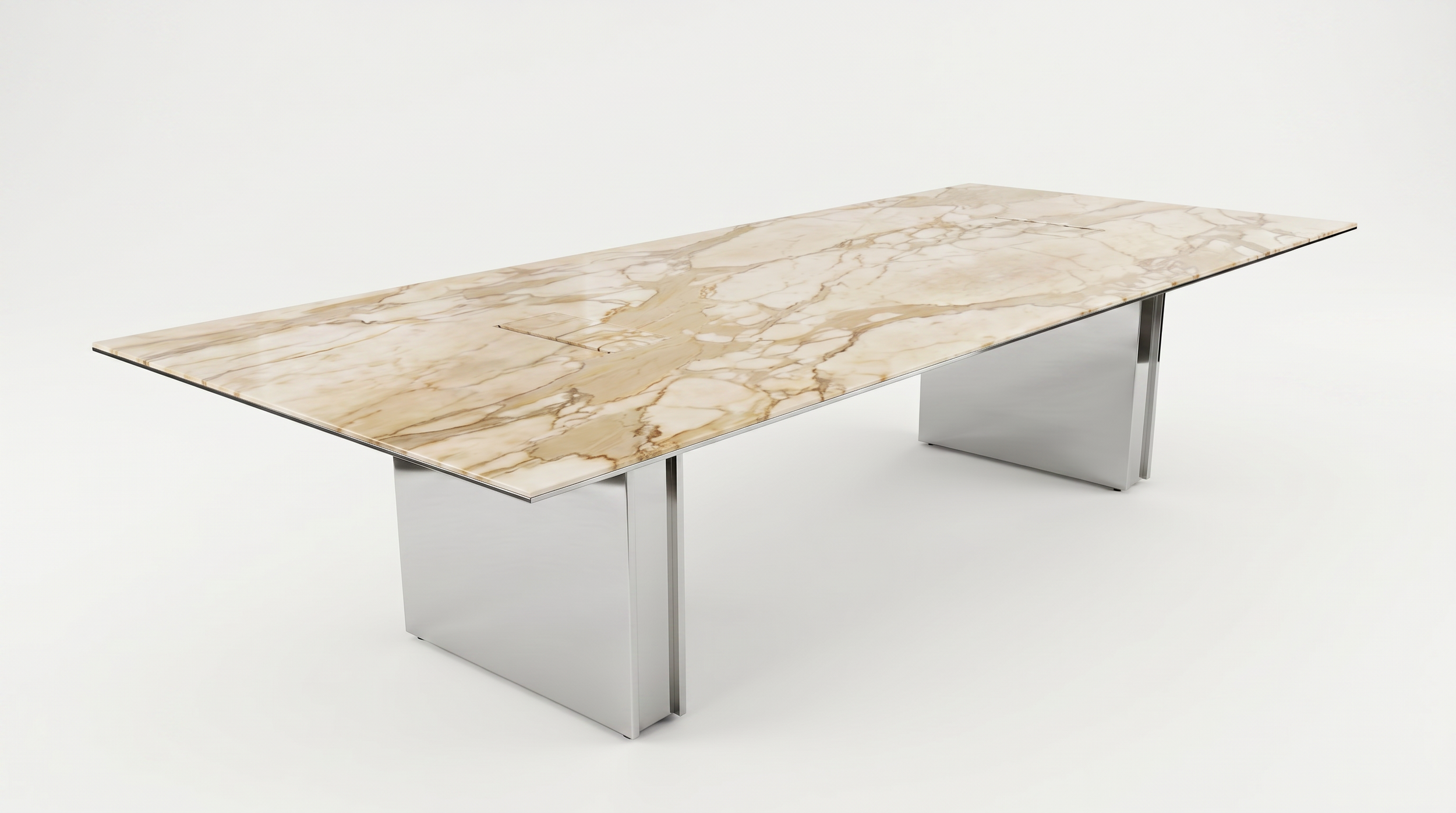 Panel Conference room table with natural stone tabletop and chrome base.