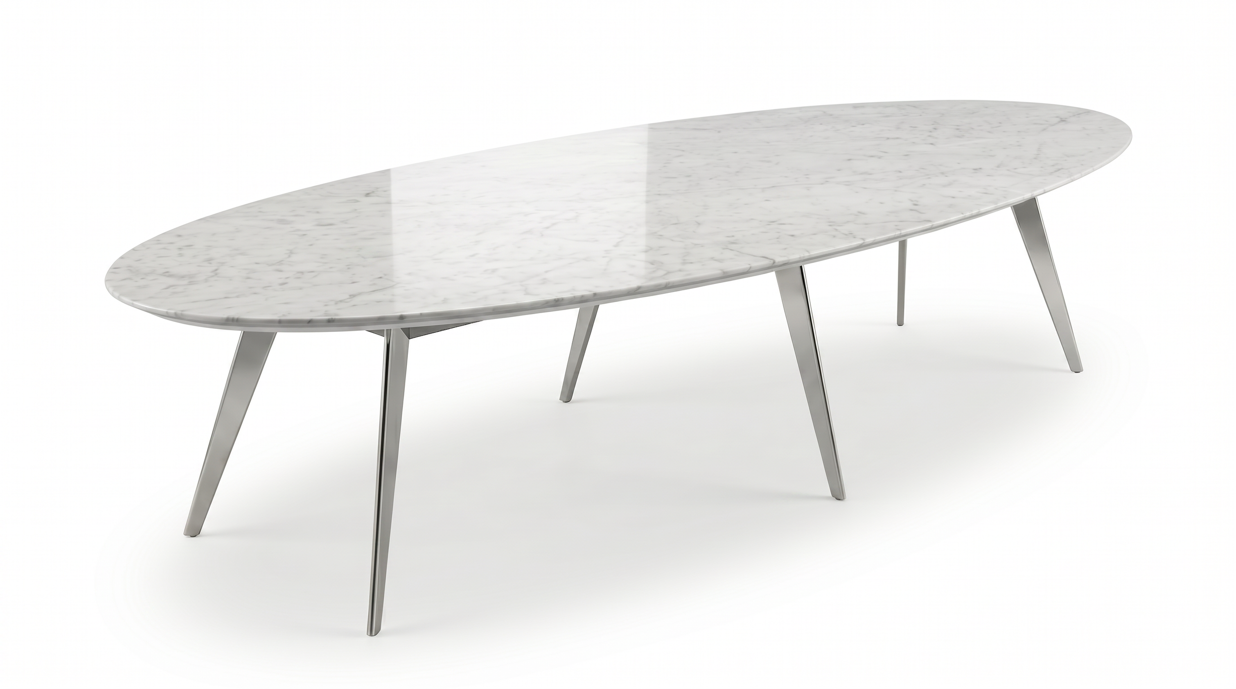 Oval Flatiron conference room table with natural stone tabletop and chrome base.