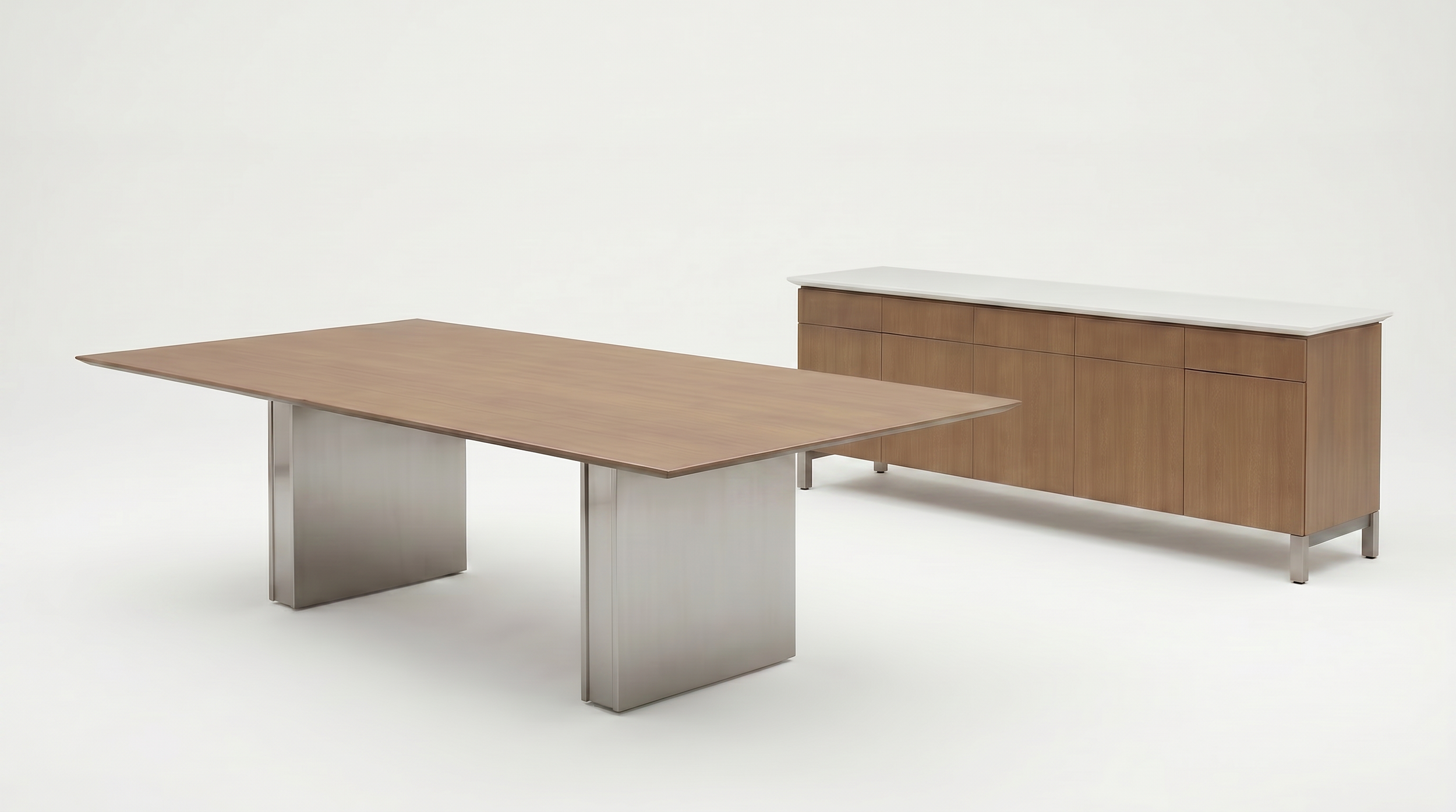Panel conference room table with veneer tabletop, brushed aluminum base.