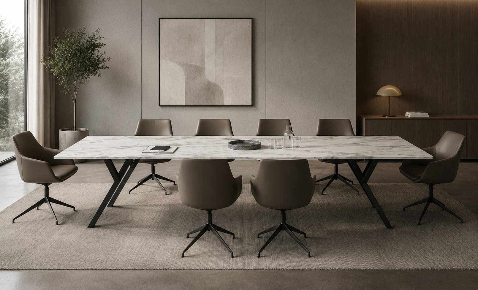 2Merge Rectangle Conference Room Table with natural stone tabletop and black base.