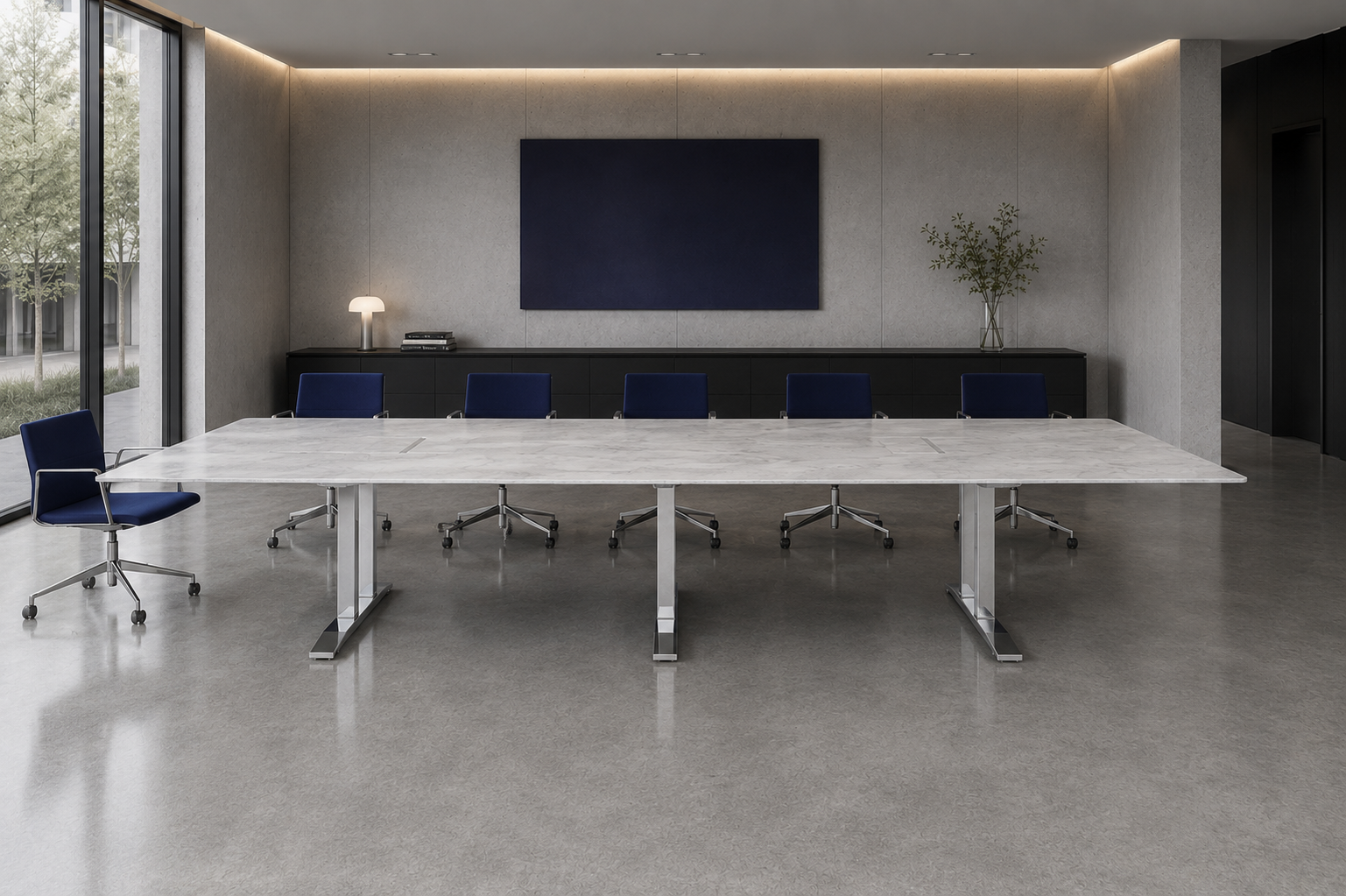 Nextt Conference Room Table with natural stone tabletop and chrome base.