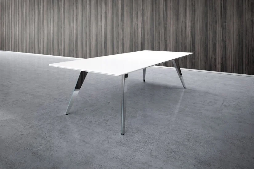 White Flat Iron table with chrome finished base.