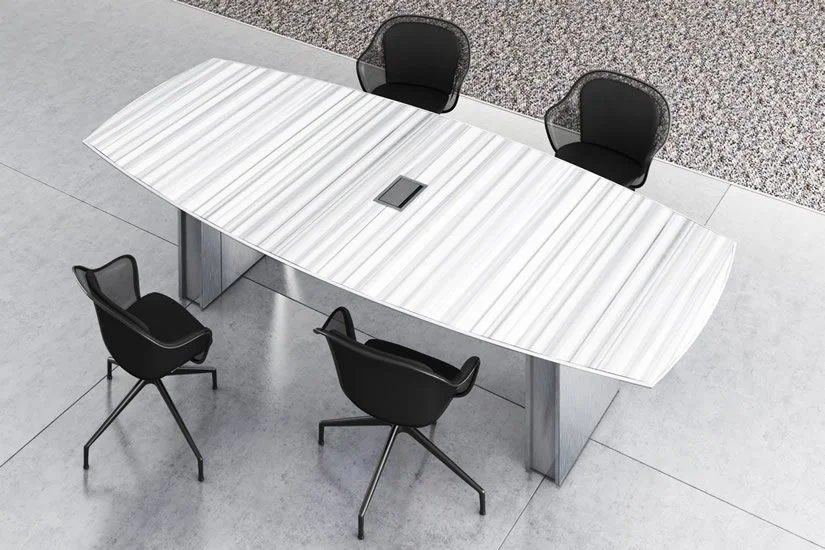 Boat shaped Panel conference room table with marble tabletop and polished aluminum base.