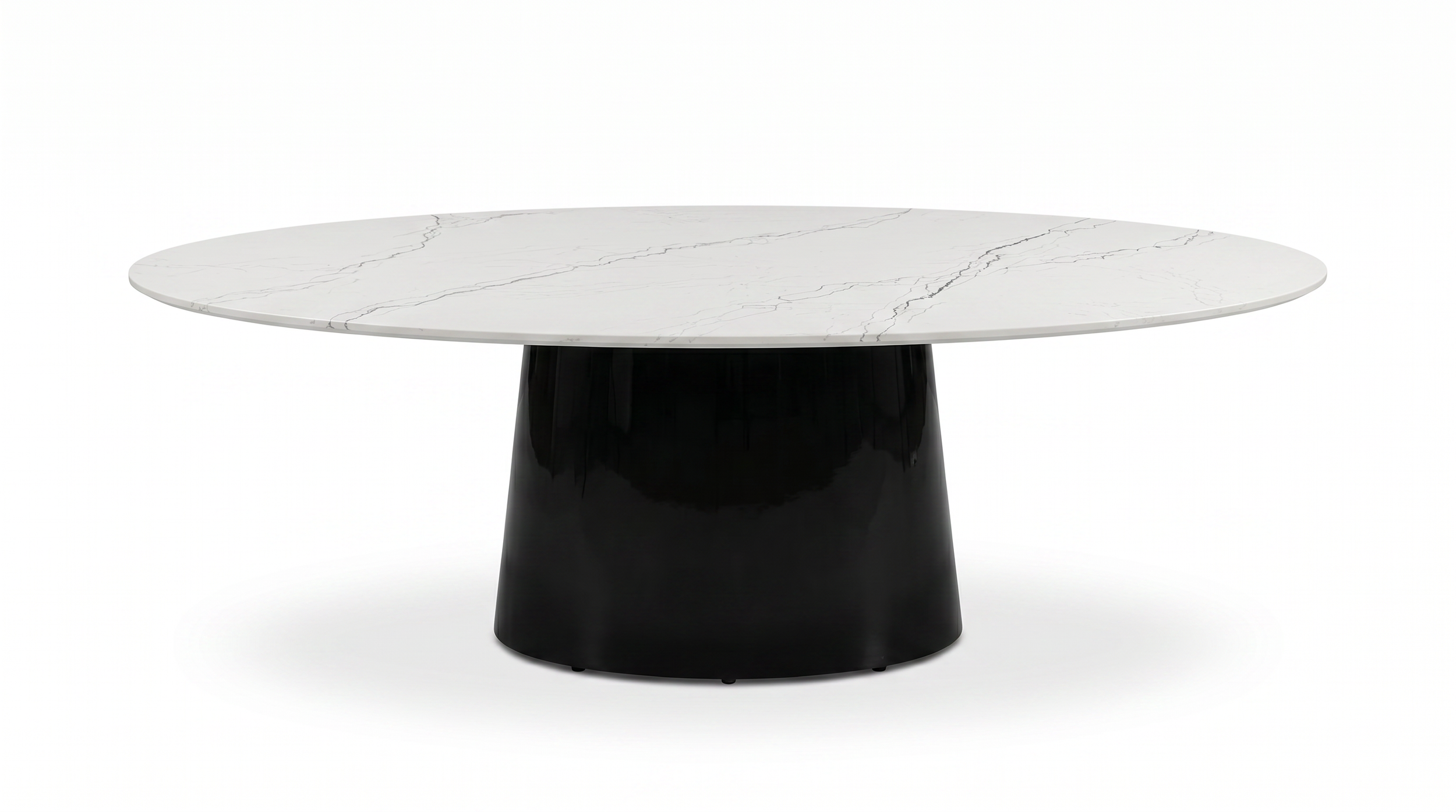 Spire collaborative table with natural stone tabletop and black base.