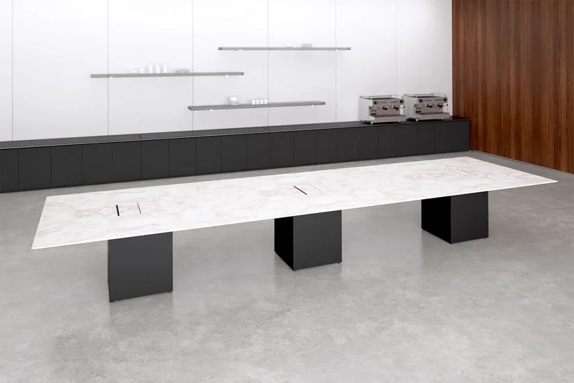 Large rectangle Cube conference room table with natural stone marble tabletop and dark wood veneer bases