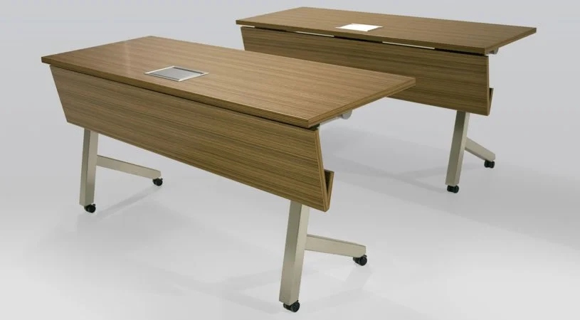 2Merge TR training tables shown in wood veneer.