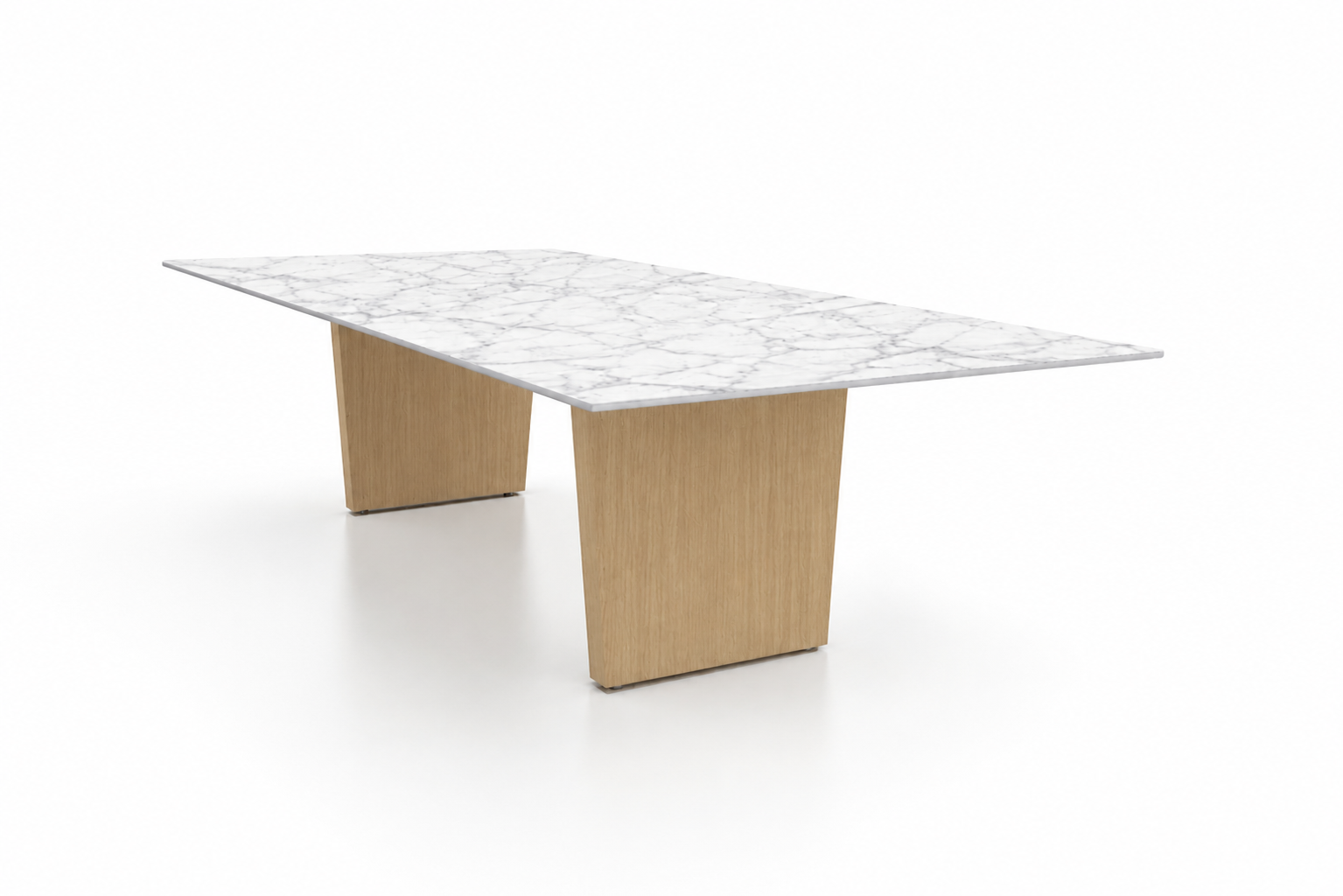 Blade conference room table with natural stone tabletop and wood veneer base.