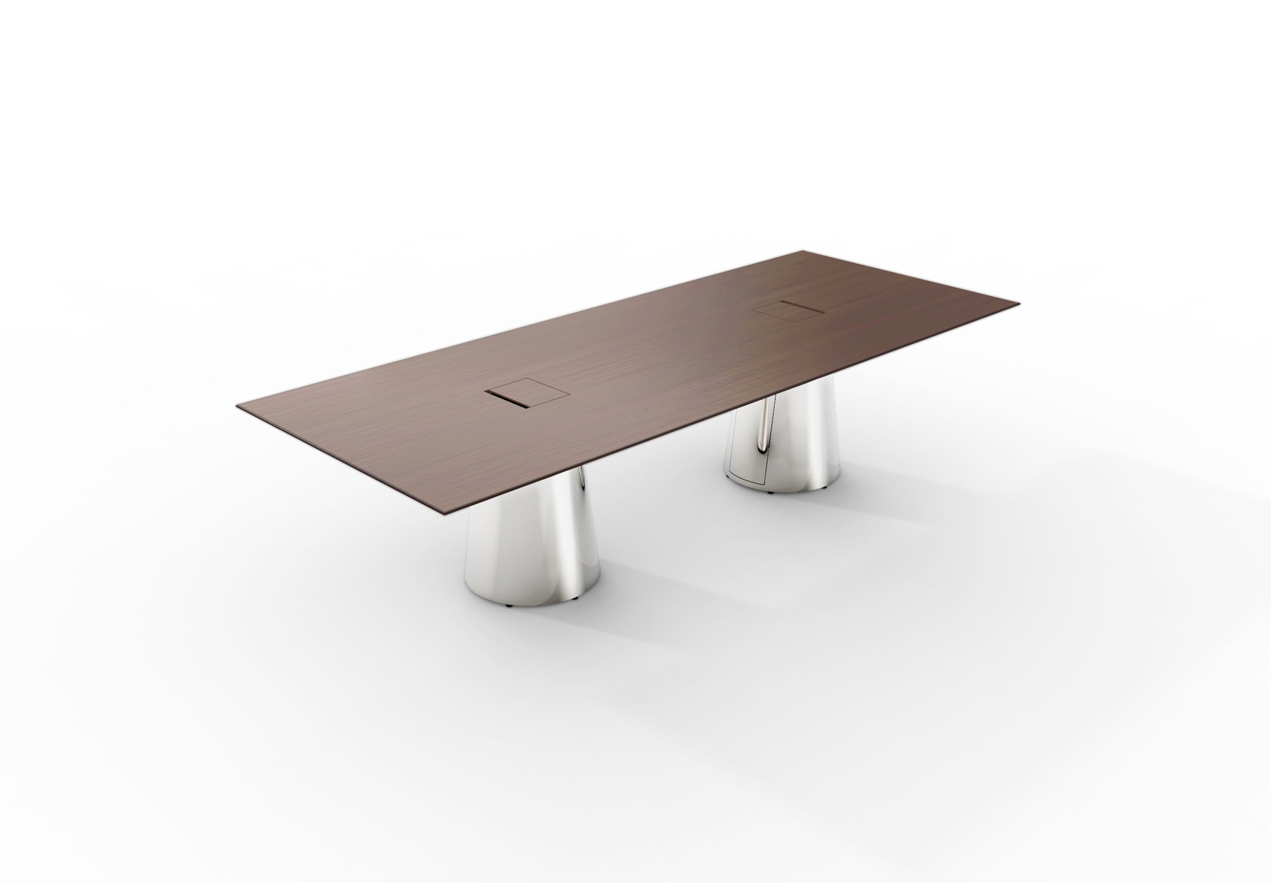 Spire conference table with wood veneer table top and chrome base.