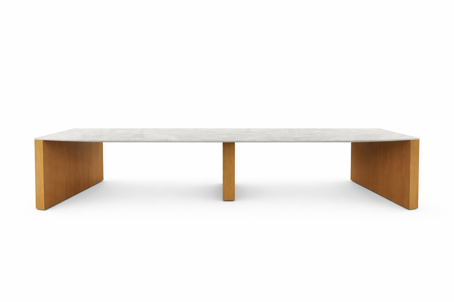 Brooklyn Community table with white table top and wood veneer side panels.