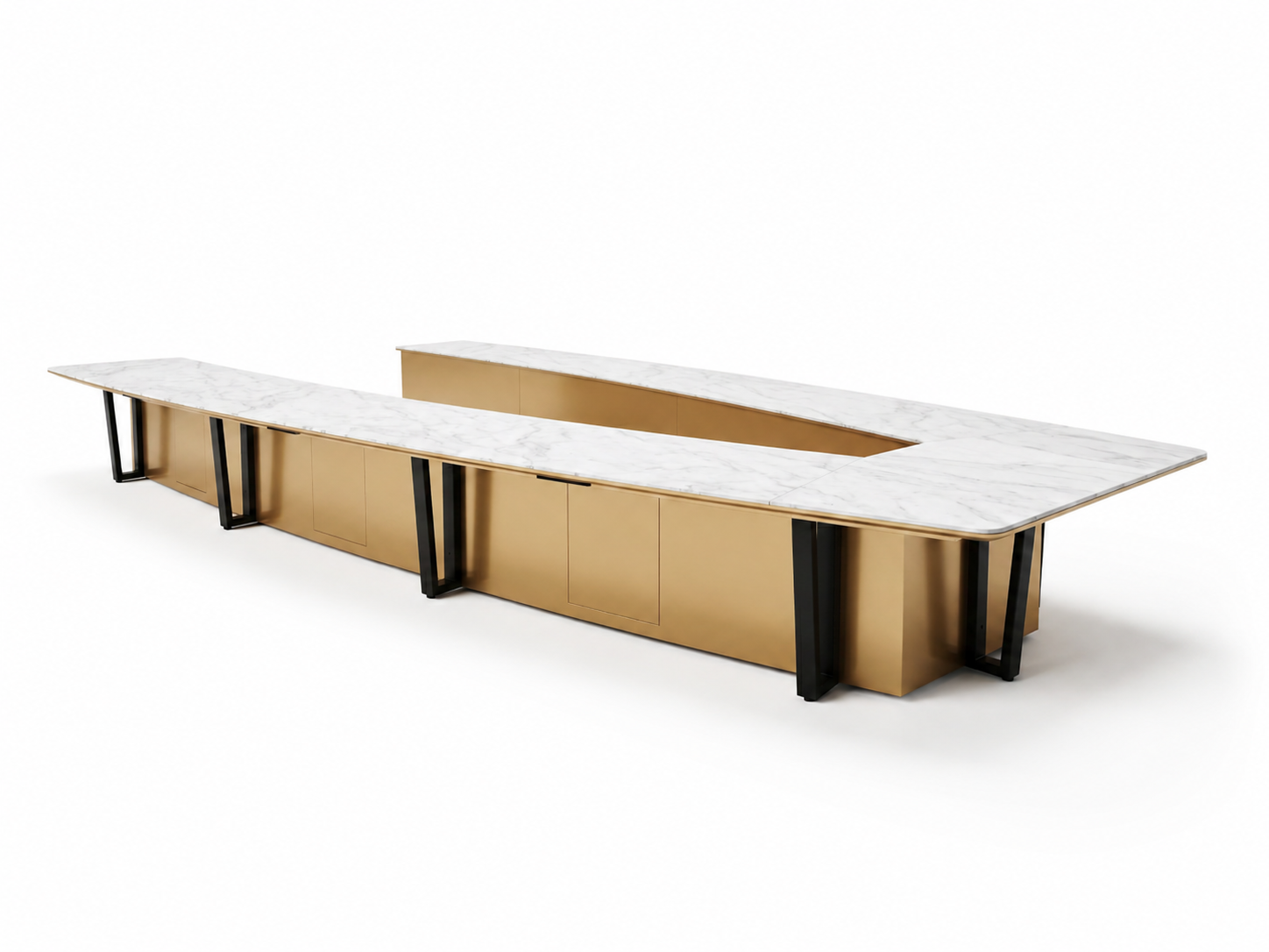 Ponte conference room table with natural stone table top, wood veneer base and black accented supports.