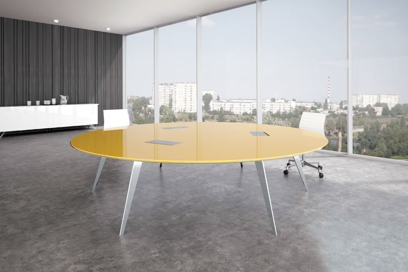 Yellow painted back glass Flat Iron table with brushed aluminum base finish.