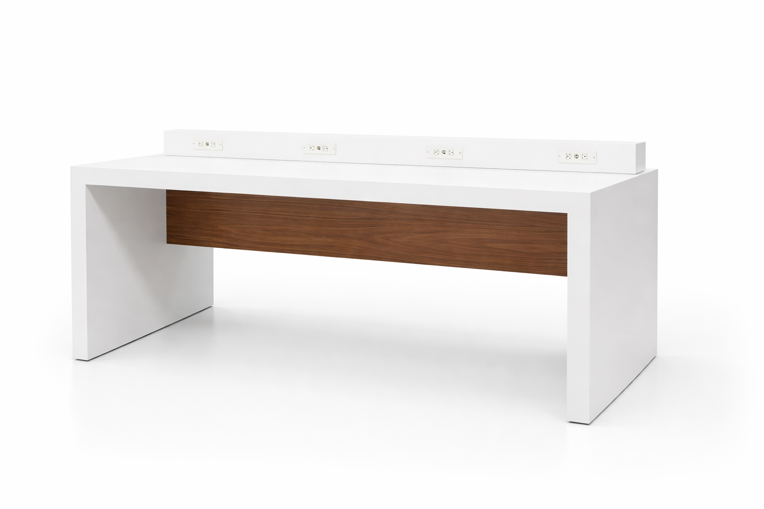 Brooklyn Community table in white with a wood veneer gable and power option back panel.