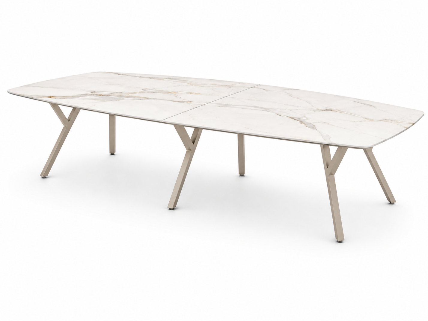 2Merge conference room table with natural stone tabletop and gold base.
