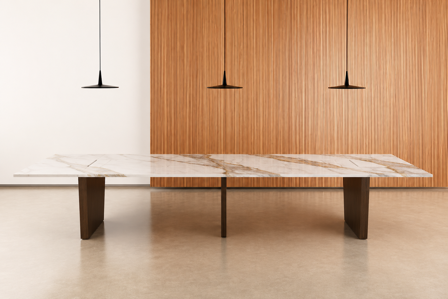 Blade conference room table with natural stone tabletop and veneer base.