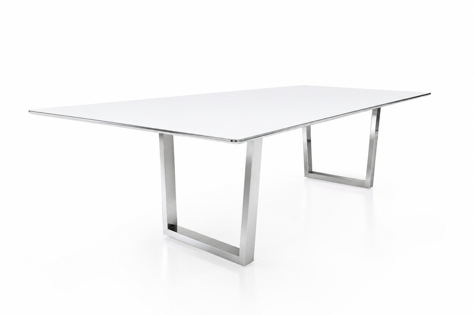 Ribbon conference room  table with white tabletop and chrome base.