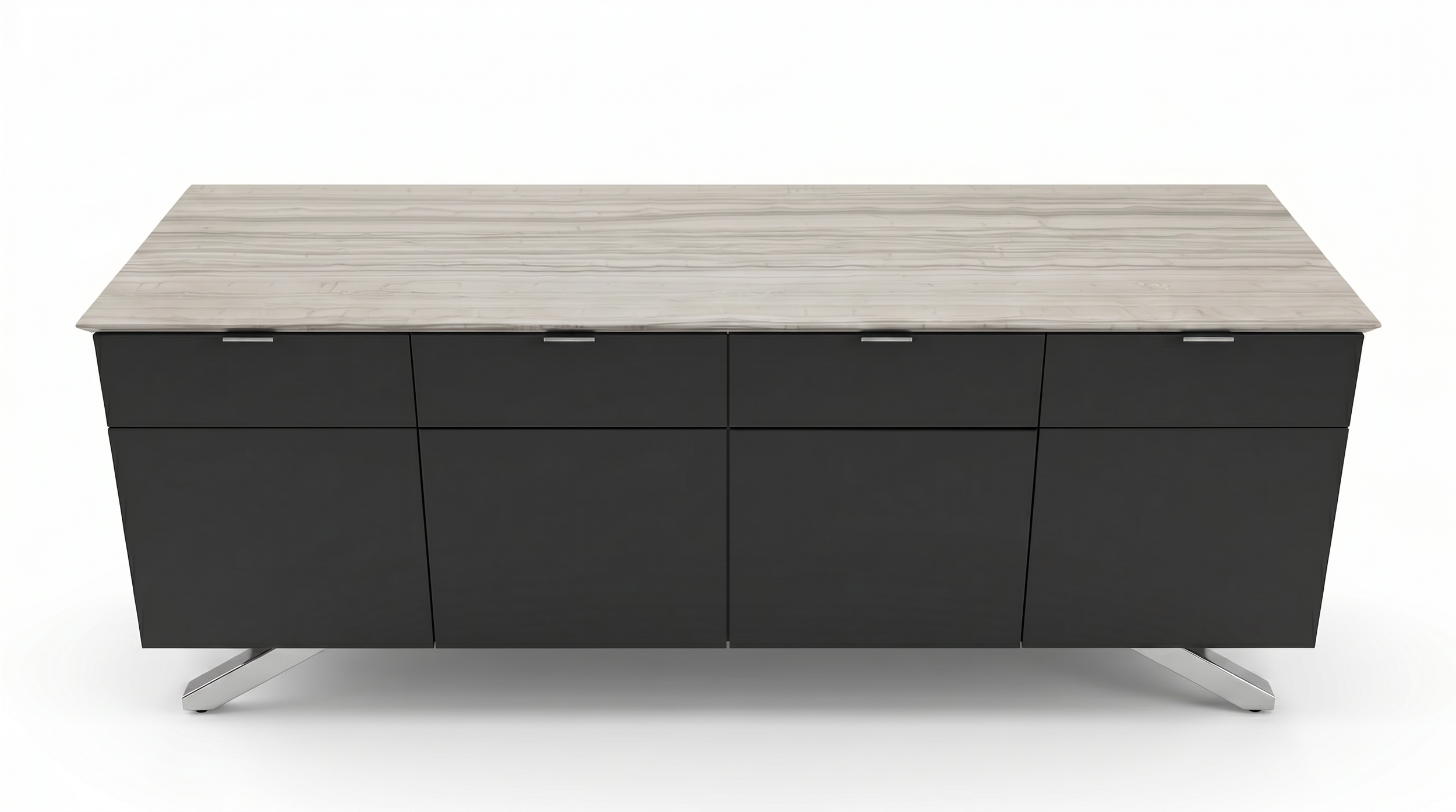 Modern black cabinet with a light wood top and metal legs.
