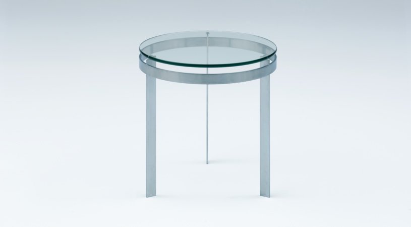 Ronde glass tabletop with brushed aluminum base occasional table.