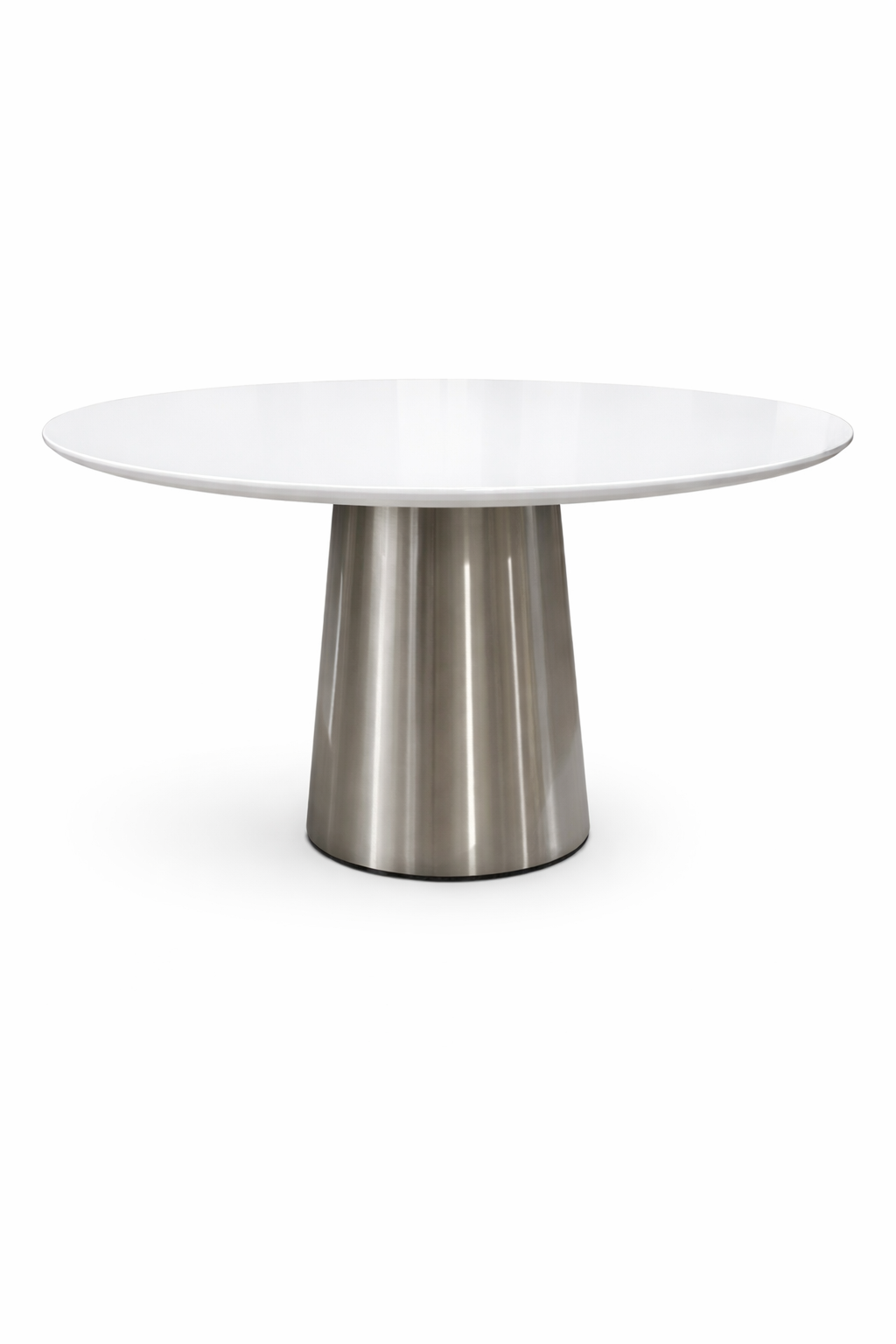 Spire collaborative table with painted back glass tabletop and polished aluminum base.